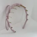 Elegant pink pleated satin headband with a sweet bow and amber decorative teeth - Pink Bow Wavy Headband (29#) / Pink