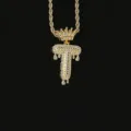 Luxe hiphop ketting met gouden letter T hanger, kroon en druppelende waterdruppels - Letter T Stijl (N21030201-T) / Goud