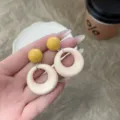 Vintage French style geometric round stud earrings in yellow and cream resin design - Cream White