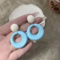 Retro French style blue and cream geometric resin circle drop earrings for summer - Sky Blue