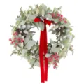 Frosted rabbit ear leaf Christmas wreath with red velvet bow and berries decoration - Red Velvet Bow Rabbit Ear Leaf Christmas Wreath (A-2300)