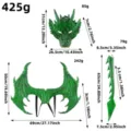Green dragon costume set for kids including mask, wings, and tail with full dimensions - Green