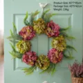 Elegant artificial hydrangea Christmas wreath with fern leaves for front door decoration - Pink Green Hydrangea Style (U3-13)