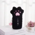 Astuccio carino in peluche a forma di zampa di gatto nera con ricamo rosa e pompon - Stile Zampa di Gatto / Nero