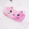 Simpatico astuccio gatto in peluche rosa con viso ricamato e orecchie per studenti - Rosso rosa