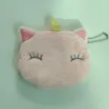 Portamonete unicorno in peluche rosa con ricamo e corno dorato per bambine e ragazzi - Pelliccia Rosa