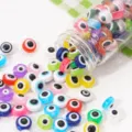 Colorful resin flat-round evil eye beads for DIY handmade jewelry and bracelet making - Evil Eye Beads, 8mm, Approx. 5mm Thick, 1mm Hole, Randomly Mixed Colors, 25 Pcs/Pack