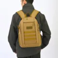 Tactical coyote brown outdoor hiking backpack with MOLLE webbing shown on model back - Small / Khaki