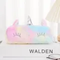 Süßes Plüsch-Einhorn-Federmäppchen mit Regenbogen-Farbverlauf und silbernem Horn - Zugekniffene Augen Grau