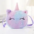 Borsa a tracolla unicorno in peluche per bambini con pelliccia rosa blu e nastro - Viola Multi