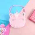 Borsa a tracolla rotonda in peluche rosa unicorno per bambine con corno d'argento - Rosa