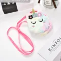 Borsa a tracolla in peluche a forma di unicorno arcobaleno per ragazze con corno lucido - Rotondo Multicolore (Pelliccia) / 13*14cm