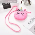 Simpatica borsa a tracolla a forma di unicorno in peluche rosa con corno glitterato. - Rotondo Rosa Rosso (Tessuto)