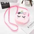 Borsa a tracolla unicorno in peluche rosa per bambine, mini borsa morbida a forma di animale - Rotondo Rosa (Tessuto)