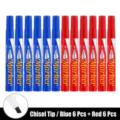 Set of 12 oil-based permanent markers featuring 6 blue and 6 red chisel tip pens - Square Toe / 12 Pieces / Mixed Colors (Blue/Red)