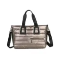Metallic champagne puffer tote bag featuring a quilted design and black woven straps - One Size / Champagne