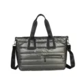 Olive green metallic quilted puffer tote bag with detachable shoulder strap - One Size / Green