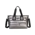 Stylish silver metallic puffer handbag and shoulder bag for women with quilting. - One Size / Gunmetal