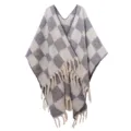 Châle poncho en tricot à carreaux épais et tendance avec franges décoratives pour l'hiver - 165x125cm / Carreaux Gris-Bleu