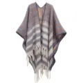 Thick striped boucle yarn poncho with long fringes for autumn and winter. - Medium Length (JH-TP3) / Striped Gray Blue