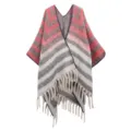 Elegant thick bouclé yarn faux mohair shawl featuring jacquard stripes and fringed hem design - Medium Length (JH-TP3) / Striped Gray Red