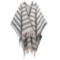 Macro detail of thick striped knit poncho featuring soft boucle yarn and fringe edges. - Medium Length (JH-TP3) / Striped Grey