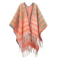 Detailed view of thick striped boucle yarn shawl with fringed edges and orange pattern - Medium Length (JH-TP3) / Orange Striped