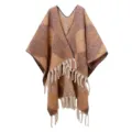 Poncho invernale a scacchi con nappe in morbido filato bouclé spesso simil mohair - 165x125cm / 08# Argyle Caffè Caramello