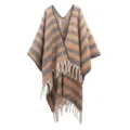 Detail showing the thick striped texture and elegant fringe of this bouclé yarn poncho - Medium Length (JH-TP3) / Striped Caramel Coffee