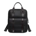 Klassischer schwarzer Vintage-Rucksack mit dunkelbraunen Lederriemen und Griff. - Schwarz