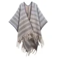Warm striped knit poncho with fringe, soft mohair-like texture autumn shawl for women - Medium Length (JH-TP3) / Striped Light Gray Blue