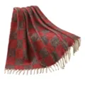 Red and grey plaid faux mohair blanket with elegant white tassels for cozy winter - 165x125+10cm / Plaid Red