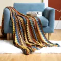 Manta de punto estilo bohemio étnico con patrón de zigzag y flecos para sofá - 127x180cm / Café
