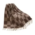 Warm brown and tan checkered patterned blanket shawl featuring elegant fringe tassels - 165x125+10cm / Brown Checkered