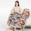 Bohemian ethnic style knitted throw blanket with tassels for sofa and travel use - 110x130cm / Beige Orange