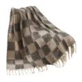 Neutral England plaid throw blanket made of soft imitation mohair yarn with tassels - 165x125+10cm / Khaki Brown Plaid