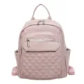 Elegant dusty rose quilted faux leather backpack for women featuring multiple zip pockets - 6 / Pink