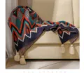 Bohemian ethnic style knitted throw blanket with tassels and navy zigzag pattern - Navy Orange