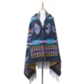 Bohemian ethnic style hooded poncho shawl with horn buckle and fringe trim details - A navy blue national style / 180x80cm