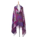 Bohemian ethnic hooded cloak shawl with horn button in purple and magenta pattern - B rose red ethnic style / 180x80cm