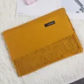 Soft mustard yellow solid color scarf with fringe and cashmere label on white fur - 200X65CM / Turmeric