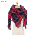 Bufanda cuadrada gruesa y cálida de cuadros rojos y azules para mujer con flecos - 135x135cm / Rojo Azul Marino (FJ-12#)