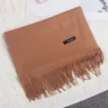 Soft brown cashmere-style fringed scarf for women, elegant warm winter shawl. - Camel