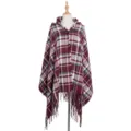 Bohemian-Stil karierter Kapuzenponcho mit Knebelverschluss in Burgund und Weiß Töne - 05# Weinroter Reis / 180x80cm