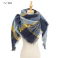 Bufanda cuadrada de cuadros de invierno gruesa y cálida en azul marino y amarillo con flecos - 135x135cm / Azul (FJ-26#)