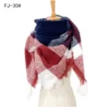 Chal cuadrado de cuadros de invierno grueso en hilo bouclé rojo y azul con flecos - 135x135cm / Azul Marino Rojo Azufaifo (FJ-30#)