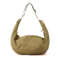 Khaki nylon crescent hobo bag with adjustable strap and decorative drawstring details - Khaki