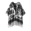 Winter warm faux cashmere poncho cape with an elegant black and white ink painting - Tops / 120x140cm / Ink Black