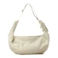 Large beige nylon crescent hobo bag featuring a pleated design and adjustable strap - Off White