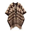 Detail view of stylish houndstooth tassel poncho for women in brown and beige colors - Tops / 120X140+16CM / Houndstooth Coffee